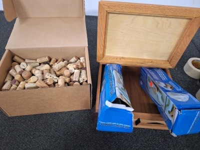 BOX OF CORKS, WOODEN KEEPSAKE BOX AND MORE; PLEASE INSPECT