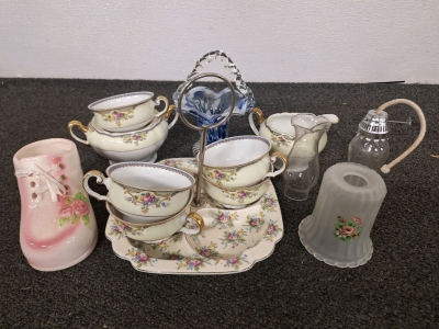 FLORAL TEA SET WITH CENTER PIECE AND MORE; PLEASE INSPECT