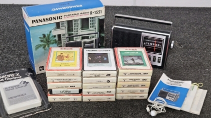 (WORKING) VINTAGE PANASONIC PORTABLE AM RADIO, 8-TRACK TAPES; PLEASE INSPECT