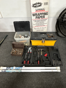 TOTE WITH TOOLS, TOOLBOX, HARDWARE, SPRING RODS, PACKING WRAPPING PAPER; PLEASE INSPECT