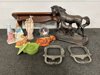 KNICK KNACK SHELF, HORSE STATUE, CERAMIC HORSE HEADS, METAL TEIVETS, SMALL PICTURE FRAME, NATIVITY PIECES AND SMALL GREEN DISH; PLEASE INSPECT