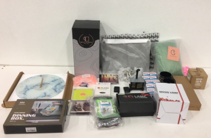 (1) Moon Lamp (1) 3D Illusion Lamp (10) Universal Waterproof Phone Pouches (1) Leak Proof Dining Box (1) Decorative 12” WallClock (1) Mule Science Mug Tree (2) Electronic Rechargeable Zippo Style Lighters and More!!