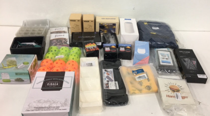 (2) Rechargeable Pop Up LED Camping Lights (1) Hanging Shelf With Key Holders (1) Gardening Kit (1) 3D Illusion Lamp (1) Arspic White Noise Table Lamp and More!!