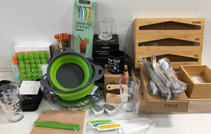 (2) 3 in 1 Bamboo Wrap Dispenser (2) 45 pcs Silverware Set (2) 2pcs Silicone Collapsible Bowl & Colander Set & Much More!!