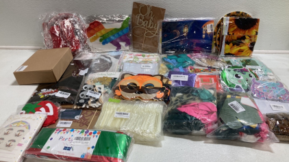 Large Assortment of Party Supplies: Mermaid, Sonic Masks, Sunflower, Backdrops, Garland and More