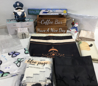 (2) Decorative Wood Box&rsquo;s (3) 8 Pack Set &ldquo;Date Due&rdquo; Coasters (4) Astrological Throw Pillow Covers (1)All Black Heavy Duty Embroidered American Nylon Flag 3X5 FT