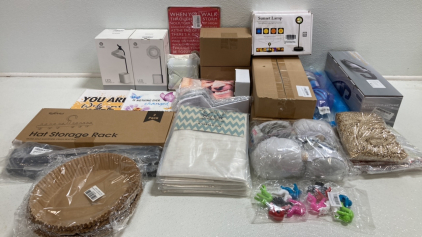 Handheld Vacuum, Assorted Curtains and Sequin Pillow Covers, Floating Shelves, Sunset Lamps, Hat Storage Hangers, LED Table Lamps, and more!