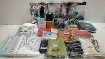 Assorted Wall Art, Curtains and Pillow Covers, Coaster Set, Best Friend Candle, Indoor AC Cover, Black and White Tapestry and more!