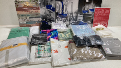 Assorted Wall Art, Tapestries, and Curtains, Delicates Laundry Bags, Cloud Neon Lights, Tree Skirt, &ldquo;Daughter&rdquo; Blanket, and more!