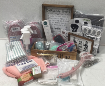 (2) Framed Bathroom Prints (3) Spray Bottles (4) Ironing Gloves (1) 12pk Dusting Cloths (1) Hairbrush (1) Exfoliating Mitts (1) Travel Toothbrush (1) 2pk Toilet Brush (2) Shower Curtains &hellip; and More