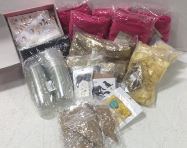 (6) 6Ft Rectangular Spandex Table Covers (1) 4PC Sequin Backdrop (1) 50pk 12oz Cups (3) Balloon Kits (1) 52pc Bachelorette Kit and Other Wedding Decorations
