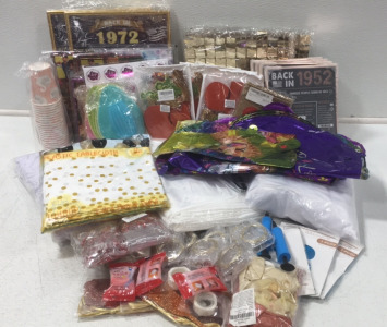 Assorted Party Supplies- 4pk 54&rdquo;x108&rdquo; Plastic Table Cloth; Sequin Panels ; Foil Balloons; AA String Lights; Glue Dots; 5&rdquo;x8&rdquo; Polyester Backdrops; Silicone Vases; Swan Paper Cups and more.