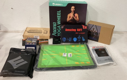 (1) UrbnFit Asana Yoga Wheel, (1) ELV Bodyweight Suspension Training Kit, (1) Wi-Fi Smart Power Strip Surge Protector, Champkey Accuracy And Skill Golf Pad, (1) Amazing Gift 3D Lamp And More