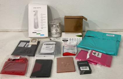 (1) Portable Wireless Food Chopper, (1) 300Ml Spray Bottle, (1) Large Swedish Dish Cloth/Hand Towel, (1) Box Of Canni mg Lids, (1) USA Pink Passport Cover And More