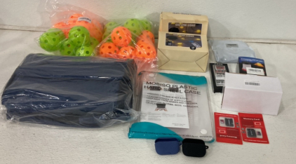(2) Airpod Pro Cases, (2) 512GB Memory Cards, (2) Bags Of Whiffel Balls Orange And Green, (2) 15m LED Line Lights, (1) Plastic Hardshell Macbook Case And More