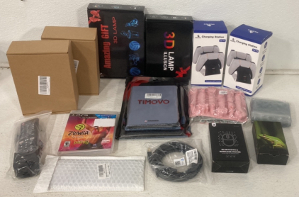 (2) Nexigo Ps5 Charging Station, (1) 3D Illusion Lamp, (1) Amazing Gift 3D Lamp, (1) Inphic Bluetooth Wireless Mouse, (1) Ps3 Zumba Fitness Game And More