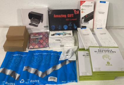 (2) 6 Packs Of Iphone Chargers, (3) Reusable Glass Straws, (1) Amazing Gift3D Lamp, (2) Jsaux USB-C To USB-C Cables, NIntendo Switch Oled Accessories Kit And More