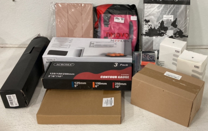(1) Jialong Gaming Mouspad, (1) Plastic Wrap Dispenser, (1) 3 Pack Acroma Contour Gauge, (1) Penom Protective Case For Watch, And More