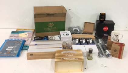 (1) Wooden Plastic and Foil Wrap Dispenser (1) Wooden Decorative Utensil Holder Box (1) Supernught 30&rsquo; LED Light Strip (1) Lewenwils Outdoor Mechanical Pin Timer And Much More!