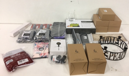 (1) Sunset Lamp (1) IBirdie 20&rsquo; 4K HDMI Cord (12) Febsmart Pci-Riser Cords (1) Kitchen Artist Chopping Board Set (50) 3-Oz Black MetalStorage Tins (2) Earnest Living Ultrasonic Aroma Diffusers and More!!