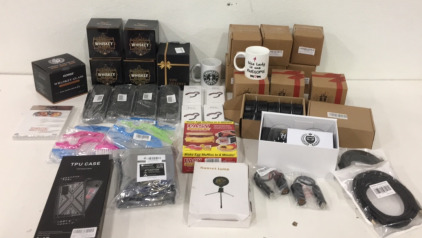 (5) Original Whiskey Glasses (7) 11Oz Princess Coffee Mugs (4) Best Mom Coffee Mugs (2) His and Hers Whiskey Glasses (6) Handheld Brushes (1) Easy Eggwich Sandwich Maker (1) Sunset Lamp (4) Zsirue 6 in 1 openers and More!!