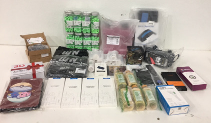 (8) Boxes Of (61) Lysian Soft Foam Ear Plugs (5) Brigeo Mango Cherry Superfoods Conditioner (3) Win 1 Ankle Protection Straps (1) 3D Creative Visualization Lamp (1) Hobfu Non Contact Thermometer (2) Back Stretchers and More