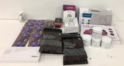 (16) Meuut EMT Trauma Shears (8) Campland Professional Knee Braves (1) Multi Function Water Quality Tester (1) Professional Ionic Facial Steamer (1) Gel Seat Cushion And Zmore!!