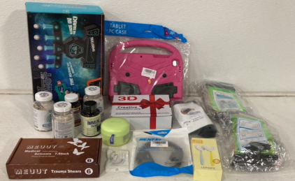 (1) Dark Shot Hover Target Game, (1) 3D Creative Visualization Lamp, (2) Universal Waterproof Phone Pouch, (1) Medical Scissors With Carabiner And More