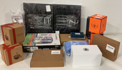(1) Bungni Lunch Box, (1) Finedine Triple Vacuum Insulated Tumbler, (1) 100 Bags Of Bread Bags, (1) Silverware Set Of 45 Pieces, And More