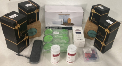 (1) Hometasy 3pc Canister Set, (2) Decorative Wine Glasses, (2) Religious Coffee Mugs, (1) Adventure Double Drink Cup And More