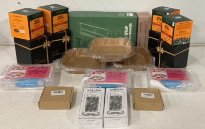 (1) Soligt Organic Bamboo 2 In 1 Wrap Dispenser, (4) Decorative Wine Glasses, (4) Boxes Of Chai Tea Bags And More