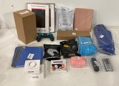 (1) Mini Suction Wireless Charger, (1) Playstation 4 Controller, (2) 12in LCD Writing Board, (2) Selfie Ring Light, (2) Kemford Calf Sleeve And More