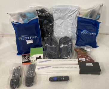 (2) Wireless Motion Senso LED Light, (2) Rimous Tv Remotes, (2) TopTrek Bike Covers, (2) Rilla Rope Boomerang Rope For KettleBell And More