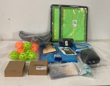 (2) Aiwode E26 To 2 Outlet Light Sockets, (1) Towsont Camping Hammock, (1) Eoaod Splatterball Gun Ammo, (1) SKDK Knee Brace And More