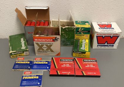 BOX OF MIXED PARTIAL BOXES OF AMMO & PRIMERS&mdash; 12 GA, .410, 30-30 And 22-250 AMMO