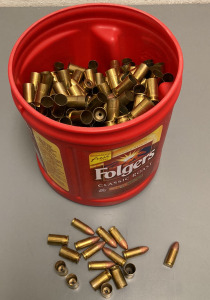 COFFEE CAN OF 9MM LUGER AMMO AND SPENT SHELLCASES