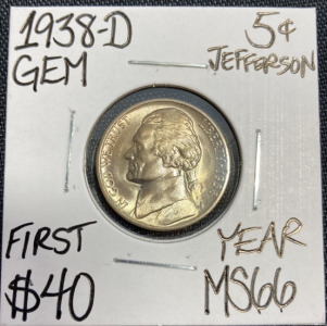 1938-D MS66 First Year Gem Jefferson Nickel