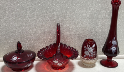 (3) Fenton Glass Decor &ldquo;Roses on Ruby&rdquo;, (1) Mismatched Fenton Glass Candle Holder