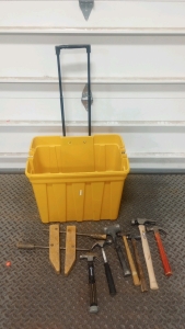 (7) Various Hammers (1) Jorgensen Wooden Wood Clamp (1) Yellow 22" x 15" x 18" Tote With Handle and Wheels
