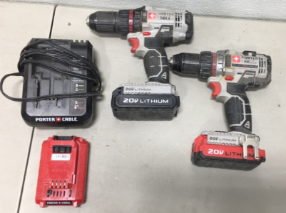 (2) Porter Cable 18V Cordless Drill Drivers (3) Batteries (1) Charger