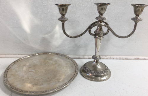 (1) 11” Silver Platter International Silver Co. (1) 11” Silver 3 Candelabra