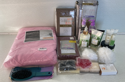 Pink King Size Duvet Cover, (3) King Size Pillow Case Sets, Assorted Lotions and Soaps, Hair Brush
