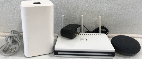 (1) Apple Airport Extreme Wireless Router Wi-fi Turns On (1) Google Nest Mini (2nd Gen) No Cord (1) D-Link DIR-655 Xtreme N Wireless Router Draft 802.11n 64/128-bit with 3 External Antennas Turns On