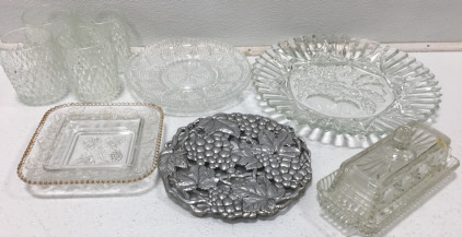 (1) 11&rdquo; Glass Serving Plate (2) 8&rdquo; Salad Plates (4) 3.5&rdquo; Glasses (1) Butter Dish & Lid & More!