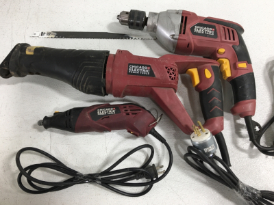 (3) Chicago Electric Power Tools Including 1/2&rdquo; Hammer Drill 68169, Rotary Tool 68696, & Riciprocating Saw 61884