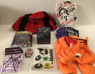 (2) Giant Spider Webs (1) Orange Dinosaur Costume (1) Eddie Bauer Duffle Bag & More!!