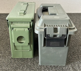(2) AMMO BOXES (1) METAL AND (1) PLASTIC