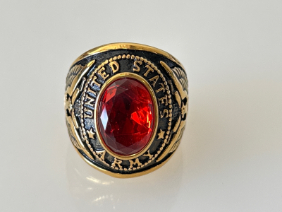 US ARMY RING WITH RED CENTER STONE- SIZE 10; PLEASE INSPECT