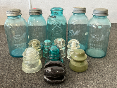 ANTIQUE BLUE BALL MASON JARS AND GLASS INSULATORS; PLEASE INSPECT