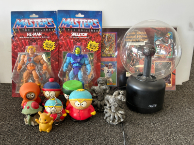MASTERS OF THE UNIVERSE HE-MAN AND SKELETOR ACTION FIGURES, SOUTH PARK FIGURES, CLASSIC GAMES LIMITED EDITION COLLECTORS SHEET AND MORE; PLEASE INSPECT